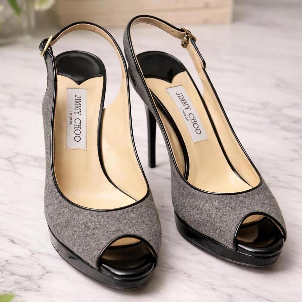 Jimmy Choo Black Grey Wool Peep-Toe Slingback Heels – Size 8